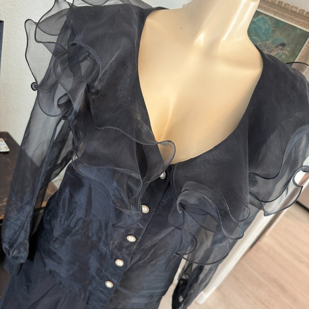 Positively ELLYN vintage party blouse: deep v-neckline button front sheer sleeve